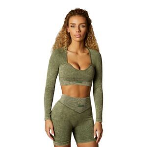 Bo+Tee Endeavour Seamless‎ Half Sleeve Curved Neckline Crop Top Dark Khaki Sz S